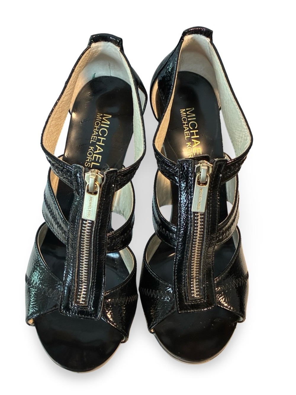 Michael Kors Black Patent Front-Zip Strappy Heels